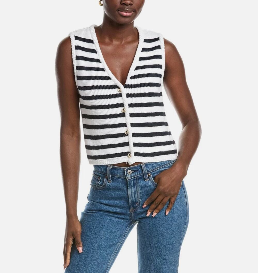 French Connection Women S Black White Stripe V Neck Sleeveless Knit Cardigan NWT